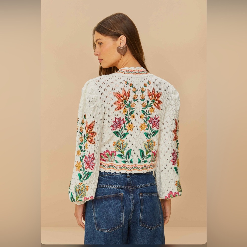FARM Rio White Cropped Eyelet Cardigan with Multicolor Floral Embroidery - Picture 6 of 7